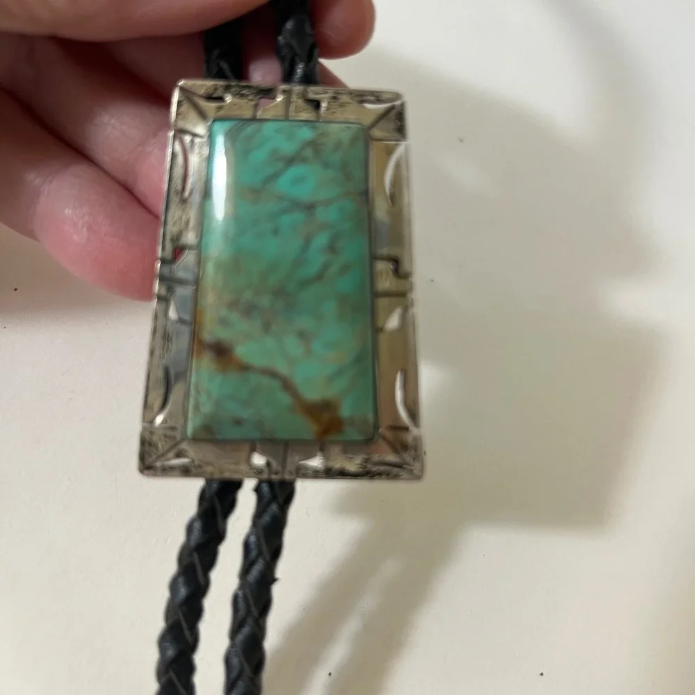Vintage Native Navajo Sterling Silver Turquoise Bolo Tie Leather Signed